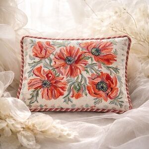 Cream Indian Poppies Needlepoint Pillow